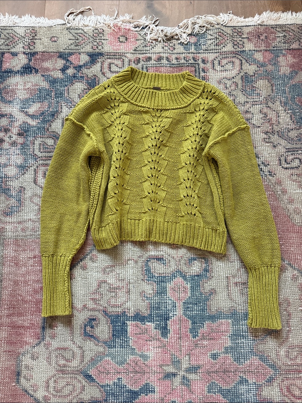 Free People Cropped Olive Green Cable Stitch Sweater